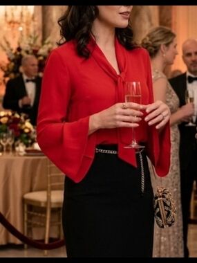 Red Satine Tie-Neck Bell Sleeve Blouse (4/6) Designer Luxury Feminine Statement